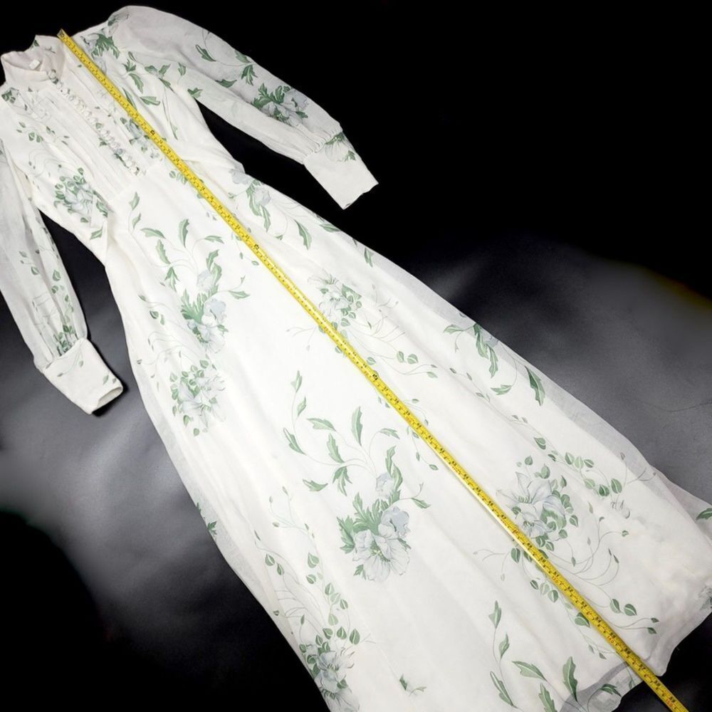 VINTAGE 90s Victorian Cottagecore High Neck Button Down Maxi Dress White Floral - Picture 4 of 11